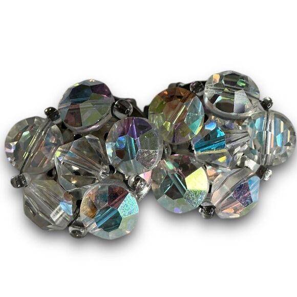 Vintage Classy Silver Toned Iridescent Aurora Borealis Beaded Crystal Cluster Cl - Picture 6 of 7